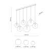 Liniowa lampa wisząca z białymi kloszami o różnych rozmiarach