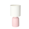 Stylowa lampka stołowa z różową, ceramiczną podstawką i białym abażurem