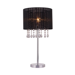 Chromowana, elegancka lampa stołowa, z czarnym abażurem i kryształkami