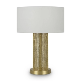 Stylowa lampka stołowa z wiszącymi złotymi łańcuszkami, biały abażur