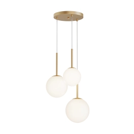 Lampa wisząca, złota konstrukcja, trzy mleczne klosze w kształcie kul