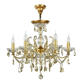 Złota, pałacowa lampa sufitowa w kształcie świecznika z kryształkami
