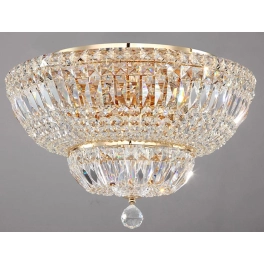 Szeroka, pałacowa, kryształowa lampa sufitowa w kolorze antycznego złota