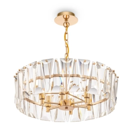 Elegancka złota, kryształowa lampa wisząca, idealna do salonu
