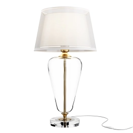 Elegancka lampka stołowa z białym abażurem, do sypialni glamour