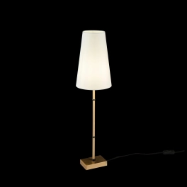 Stylowa lampka stołowa z wąskim, białym abażurem, idealna na szafkę nocną