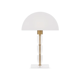 Elegancka lampka stołowa z półokrągłym, białym abażurem w stylu glamour