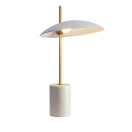 Designerska, ledowa lampa stołowa z białym, metalowym kloszem