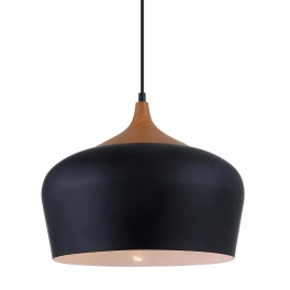 Czarna, klasyczna lampa wisząca z dodatkiem drewna, idealna do kuchni