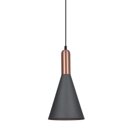 Minimalistyczna, szara lampa o kształcie stożka, z miedzianym akcentem