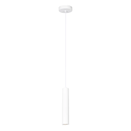 Minimalistyczna, biała lampa wisząca w formie tuby, do kuchni