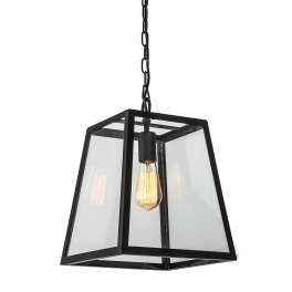 Czarna, industrialna lampa na łańcuchu, szklany klosz w formie klatki