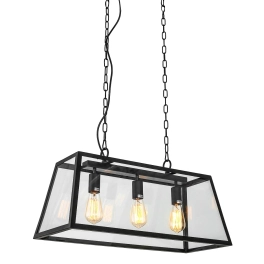Czarna lampa w stylu rustykalnym, szklany klosz w kształcie trapezu