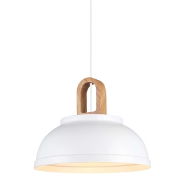 Estetyczna, biała lampa wisząca, z drewnianym elementem, regulowana