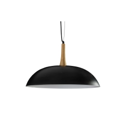 Szeroka, czarna lampa wisząca z ozdobą z drewna, do kuchni lub jadalni