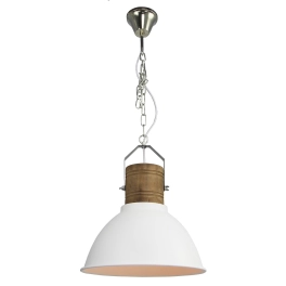 Biała, metalowa lampa w stylu retro, wykończona drewnem, na łańcuchu