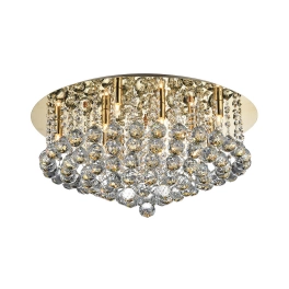 Duża, elegancka, złota lampa sufitowa z wiszącymi kryształkami