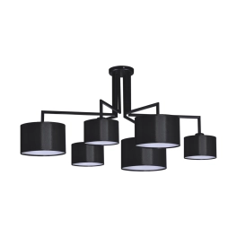 Industrialna, sześcioramienna lampa z eleganckimi, czarnymi abażurami