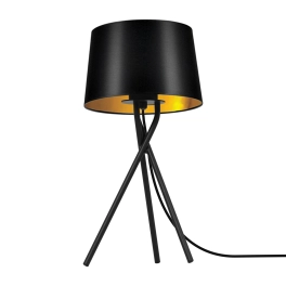 Dekoracyjna lampa stołowa na trójnogu z czarno-złotym abażurem