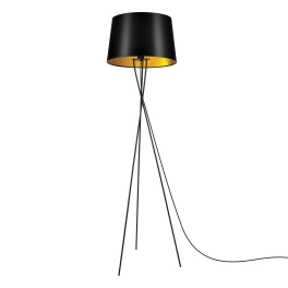 Lampa podłogowa na trójnogu z dekoracyjnym, czarno-złotym abażurem