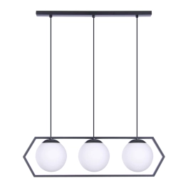 Lampa wisząca typu listwa, z trzema kloszami w geometrycznej ramce