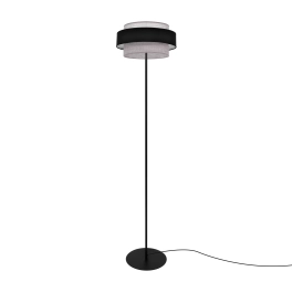 Ozdobna lampa podłogowa z abażurem w kolorze czarno-szarym, idealna do salonu