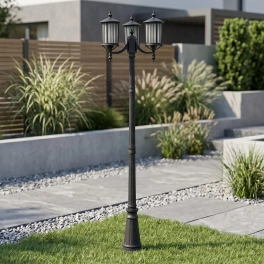 Wysoka lampa ogrodowa, czarna latarnia, trzy źródła światła, na E27