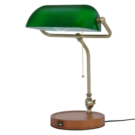 Lampa bankierska na drewnianej podstawie i zielonym kloszem BANK