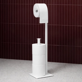 Biały, metalowy stojak na papier toaletowy z miejscem na zapas