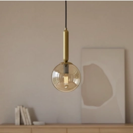 Smukła, pojedyncza lampa wisząca z bursztynowym kloszem