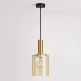 Wąska lampa wisząca z bursztynowym, otwartym kloszem, nad stół