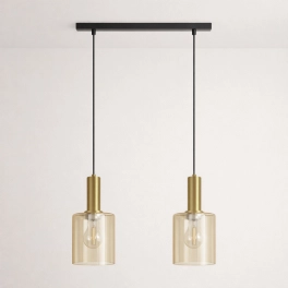 Podwójna lampa wisząca z cylindrycznymi, bursztynowymi kloszami
