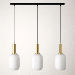 Unikalna lampa wisząca, trzy ryflowane klosze w kolorze białym