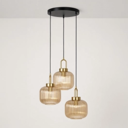 Lampa wisząca z dużymi, ryflowanymi kloszami w kolorze bursztynu