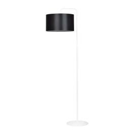 Biała lampa stojąca z ponadczasowym, czarnym abażurem, do salonu