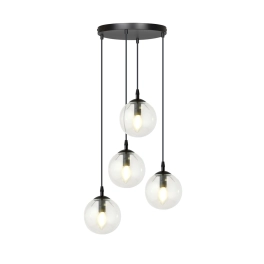 Minimalistyczna lampa wisząca z czterema transparentnymi kloszami