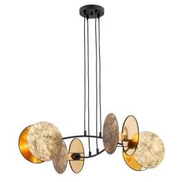 Ozdobna lampa wisząca z abażurami w formie złotych tarcz, do salonu