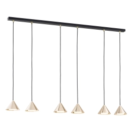 Liniowa lampa sufitowa z minimalistycznymi, złotymi stożkami na zwisach