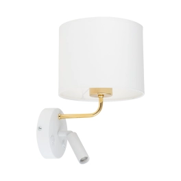 Dwupunktowa, biało-złota lampa ścienna z abażurem i włącznikami