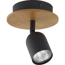Czarny regulowany reflektor umieszczony na drewnianej podsufitce