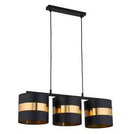 Szeroka lampa wisząca z czarno-złotymi abażurami, idealna nad stół