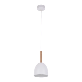 Minimalistyczna, biała lampa wisząca z elementem drewna, do jadalni
