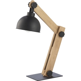 Czarna lampka biurkowa z drewnianą oprawą, w stylu skandynawskim