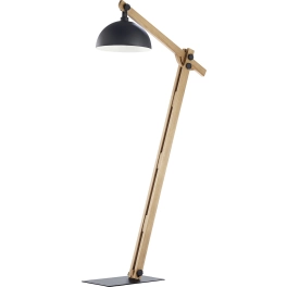 Lampa podłogowa z drewnianą oprawą, regulowanym ramieniem i kloszem