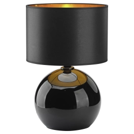 Lampka stołowa z czarno-złotym, tkaninowym abażurem, na jedną żarówkę