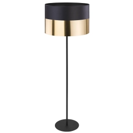 Ponadczasowa, prosta lampa podłogowa z dużym, czarno-złotym abażurem