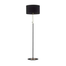 Stylowa lampa podłogowa z czarnym abażurem, sznureczkowy włącznik