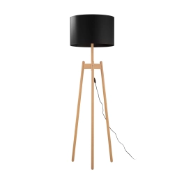 Stylowa lampa podłogowa drewniany trójnóg z czarnym abażurem
