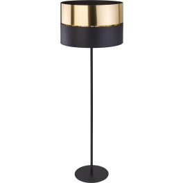 Lampa podłogowa z czarno-złotym abażurem na żarówkę z dużym gwintem