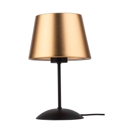 Prosta lampka stołowa ze złotym abażurem, idealna na szafkę nocną